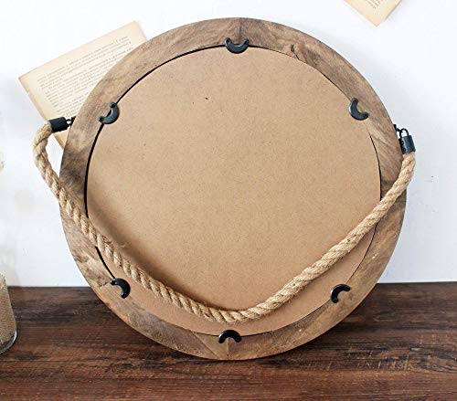 Funly mee 16.2 Inch Rustic Round Decorative Mirror with Solid Wood Frame&Rope Hanging,Farmhouse Antique Wall Decor (L)