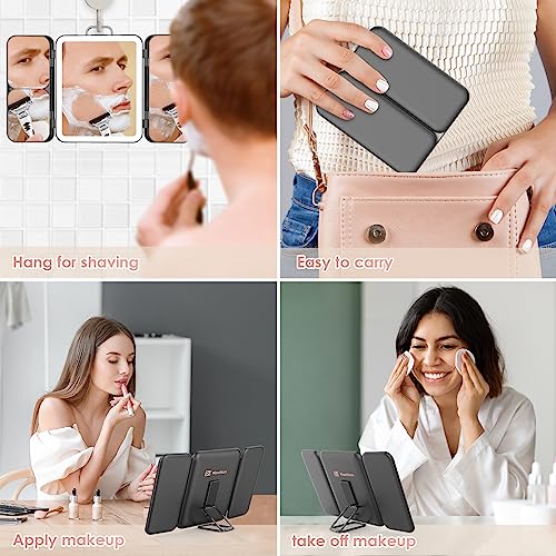 Kostlich Travel Trifold Vanity Mirror with 3 Color Lights, Rechargeable 1X/3X/7X Magnifying Mirror, Portable Light Up Makeup Mirror