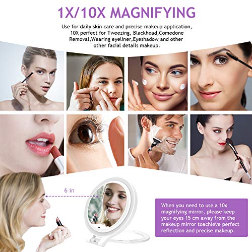 deweisn Magnifying Mirror 10X/1X,Double Sided Tabletop Mirror with Adjustable Folding Handle, Cosmetic Mirror with Lights for Makeup Travel,3 Col
