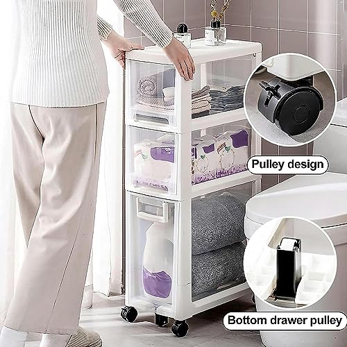 OPSREY Narrow Tall Bathroom Floor Cabinet Large Capacity Slim Toilet Paper Storage Cabinet 4 Drawer Cart with Clear Drawers and Casters Vertical