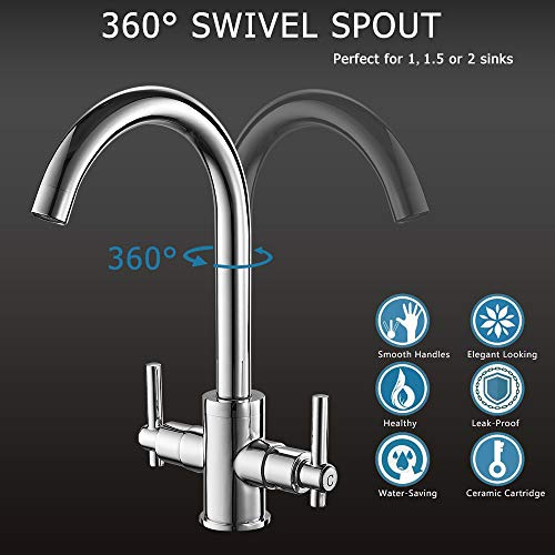Heable Kitchen Mixer Tap Dual Lever Monobloc Swivel Spout Chrome Sink Taps Brass with UK Standard Fittings