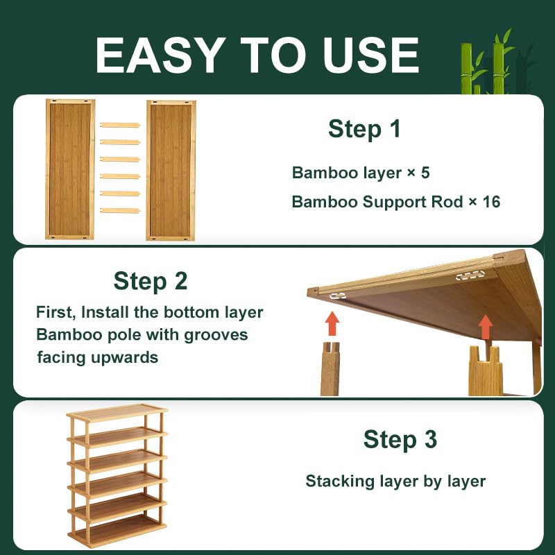 QYESWHSR 5 Tier Shoe Rack for Closet, Narrow Shoe Rack for Entryway, Small Bamboo Shoe Organizer, Space Saving Narrow Shoe Shelf, Stackable Shoe