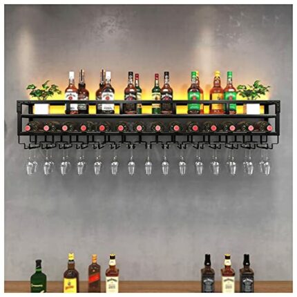 EYLINK Industrial Wall Mounted Wine Rack, 2-Tier Wine Bottle Shelf with Stemware Holder, Hanging Wine Glass Rack Storage Display Rack for Home Ba