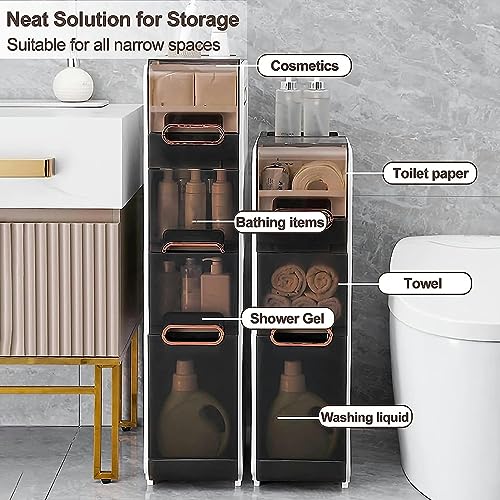 Narrow Bathroom Storage Cabinet with Drawer, 4-Tier Large Capacity Tall Slim Bathroom Floor Cabinet with Plastic Drawers and Casters Vertical Sto