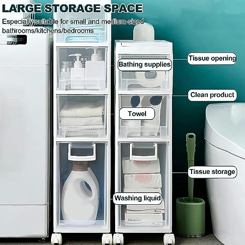 OPSREY Narrow Slim Bathroom Floor Cabinet, Skinny Toilet Paper Storage Cabinet with 4 Plastic Drawers and Casters Large Capacity Vertical Storage