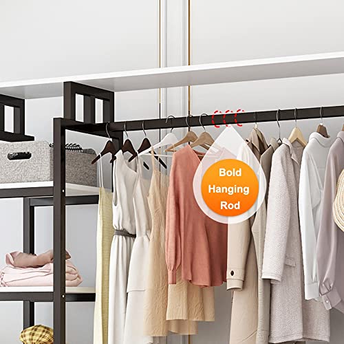 Clothes Rack, Heavy Duty 5 Tier Coat Rack with Hanging Rail, Open Wardrobe, 4 Hooks, Industrial Design, Metal Frame, White 140x40x170cm