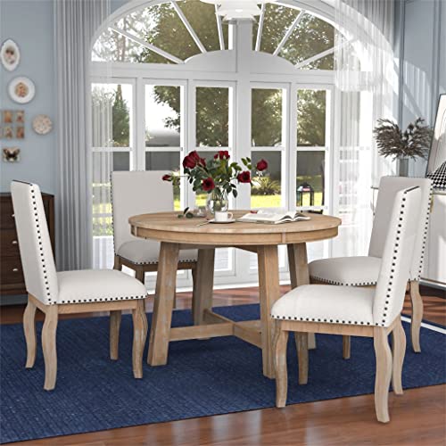 FEER 5 Piece Farmhouse Dining Table Wooden Round Extendable Dining Table And 4 Upholstered Chairs