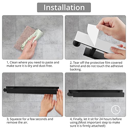 Self Adhesive Towel Rail Set, HOMGEN Popular 40cm Black Towel Rail 304 Stainless Steel No Drilling Towel Holders Towel Rack Kit Bathroom Towel Ra