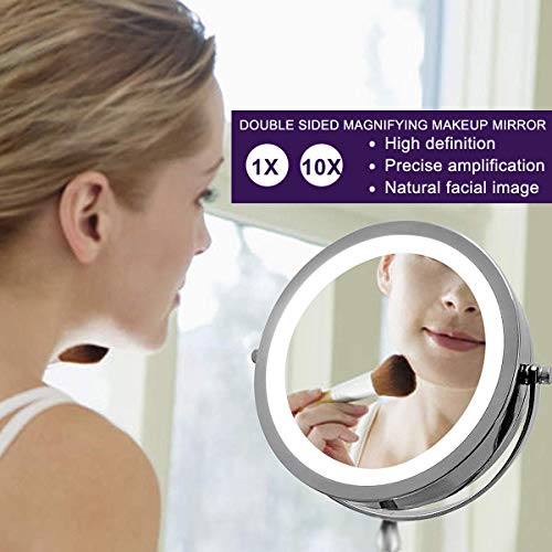 Meowoo Magnifying Mirror 10x, Illuminated Makeup Mirror With Lights, Double Side, 360°Rotation, 7 Inch Led Mirror for Table