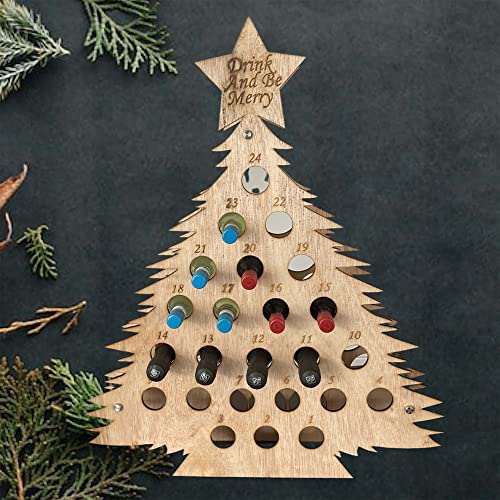 MY GIFT TREE Advent Calendar Bottle Holder (330ml Size) Small Bottles of Wine, Prosecco or Champagne (187-200ml) - Wooden Christmas Tree Kitchen