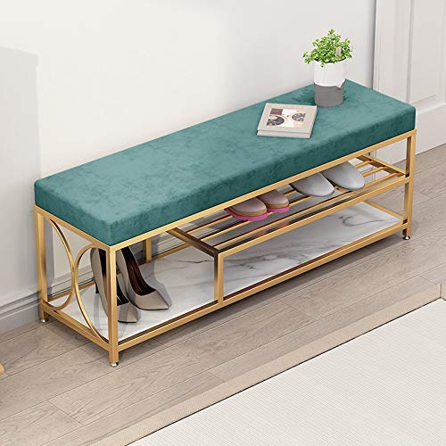 Shoe Rack Shoe Changing Stool Velvet seat Double Convenient Storage Design Metal Bedroom Bed end Stool (Color : Green, Size : 60cm/23.6in)