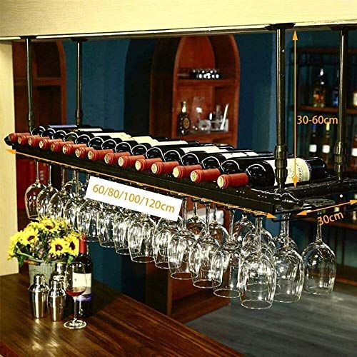 SUCHETA Hanging Wine Rack with Glass Holder and Shelf, Wine Lovers Bar Furniture& Wrought Iron Wine Rack Ceiling Cup Holder Double Storage Height