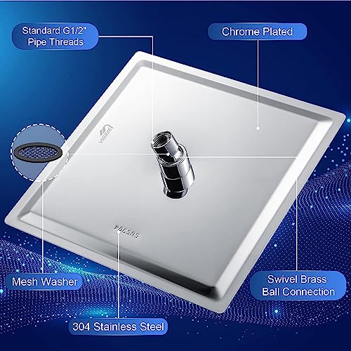 Rain Shower Head, VIGIME High Pressure Square Rainfall Showerhead, 304 Stainless Steel Fixed Shower Heads with 144 Silicone Jets for The Ultimate