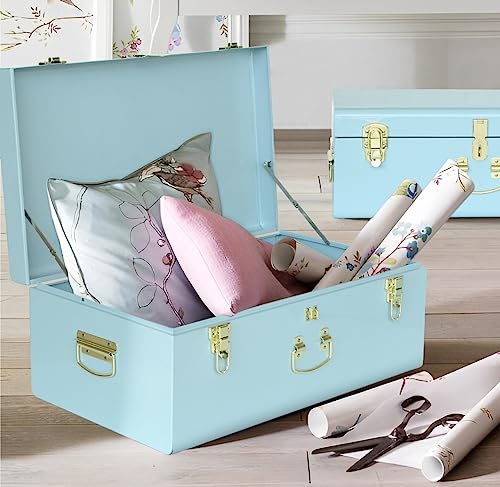Vixdonos Metal Trunk Decorative Storage Box Set of 2 College Dorm Chest with Handle (Light Blue)