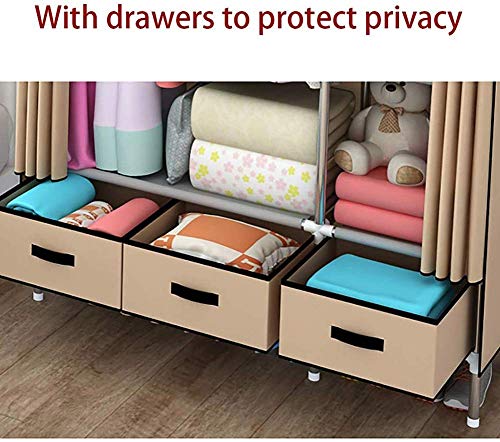 MU Assembled Wardrobe Portable, Small Wardrobe with 2 Drawers Closet Storage Bag 25Mm Steel Frame Non-Woven Bedroom Camping Wardrobe Closet,Pink