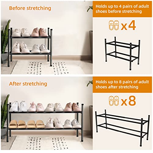 MULISOFT 2-Tier Expandable Shoe Rack, Stackable and adjustable Shoe Shelf Storage Organizer Heavy Duty Metal Free Standing Shoe Rack for Closet E