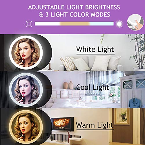deweisn Magnifying Mirror 10X/1X,Double Sided Tabletop Mirror with Adjustable Folding Handle, Cosmetic Mirror with Lights for Makeup Travel,3 Col