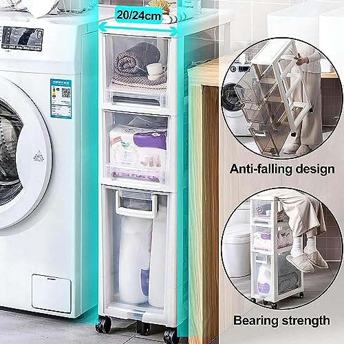 OPSREY Narrow Tall Bathroom Floor Cabinet Large Capacity Slim Toilet Paper Storage Cabinet 4 Drawer Cart with Clear Drawers and Casters Vertical