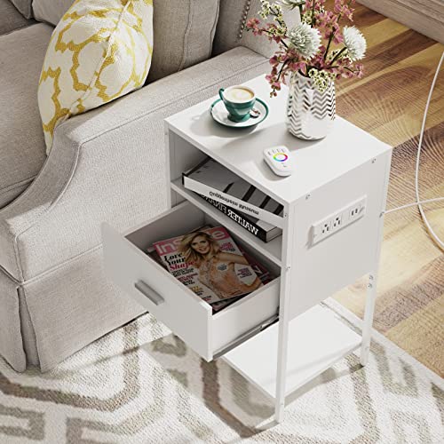 LDTTCUK Nightstand Set of 2 with Charging Station, Modern End Table with Drawer, White Bedside Table with Open Storage for Bedroom