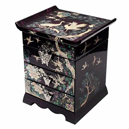 Mother of Pearl Crane Bird and Pine Tree Design Purple Wooden Jewellery Drawer Mirror Trinket Keepsake Treasure Gift Asian Lacquer Box Case Chest