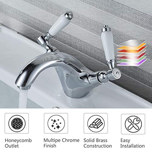 Dual Lever Basin Mixer taps,Luckyhome Bathroom Sink Mixer taps Chrome hot and Cold Faucet Solid Brass Valve Body