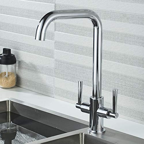 Luckyhome Kitchen Mixer Taps,Monobloc Dual Lever Chrome Brass Kitchen Sink Tap Faucet