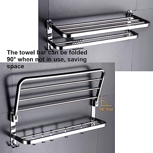 HONPHIER Towel Rail Wall Mounted 2-Tier Foldable Towel Holder Bath Towel Rack With Activity 5 Hooks SUS 304 Stainless Steel Towel Shelves Towel R