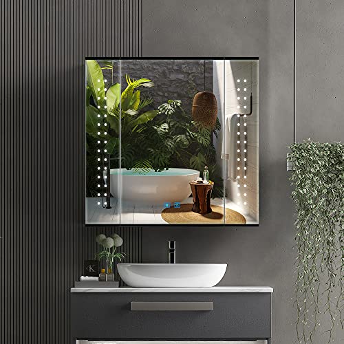 LUMIRRORS® Bathroom Mirror Cabinet 65x60cm with LED Light Shaver Socket Anti-fog Touch-Switch Dimmer Aluminium Wall mounted Cabinets Storage Cupb