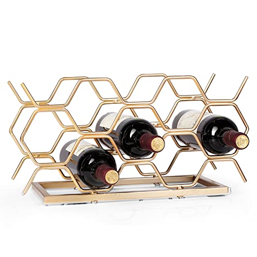 Drincarier Countertop Wine Rack - 10 Bottle Freestanding Modern Rose Gold Metal Small Wine Rack - Tabletop Wine Holder Stand for Cabinet, Pantry,