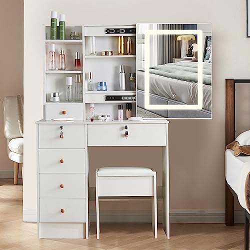 Makeup Vanity Dresser with Mirror and LED Light, 6 Drawers and Shelves Dressing Table with 3 Lighting Modes Brightness Adjustable, Makeup Table w