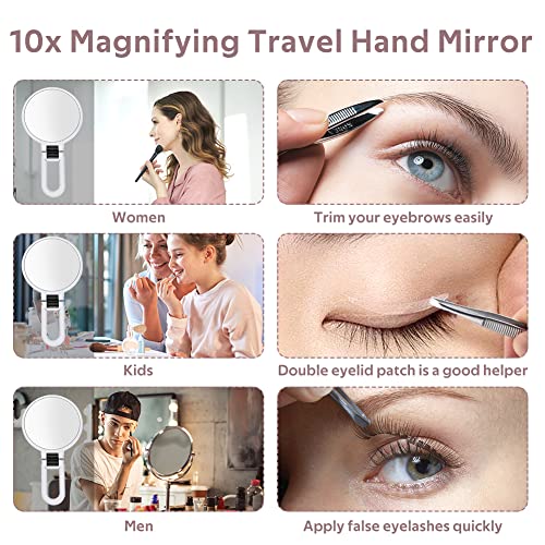 Magnifying Hand Held Mirror, 1x/10x Double Side Magnifying Makeup Mirror Folding Magnification Hand Mirror with Handle for Travel Table Desk Bath