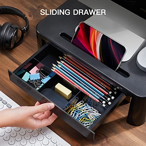 LORYERGO Monitor Stand, Laptop Stand for Desk, Height Adjustable w/Drawer, Computer Stand w/Cellphone Holder, Monitor Riser, Small Printer Stand,