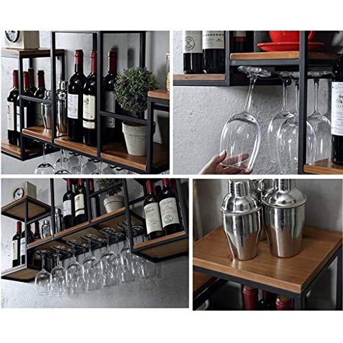 Industrial Wall Mounted Wine Racks with 8 Goblet Glass Holder, Metal Hanging Wine Bottle Holder, Vintage Wall Metal and Wood Shelf Floating Shelv