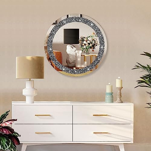 Ruomeng Round Wall Mirror Crystal Crush Diamond Mirror for Home Décor Accent Mirror for Bathroom, Entryway and Bedroom, 24"