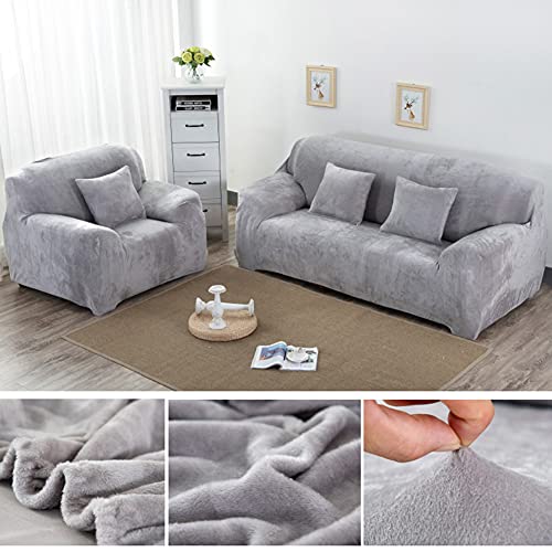Yeahmart Thick Sofa Covers 1/2/3 Seater Pure Color Sofa Protector Velvet Easy Fit Elastic Fabric Stretch Couch Slipcover (Silver Grey, 3 Seater 1