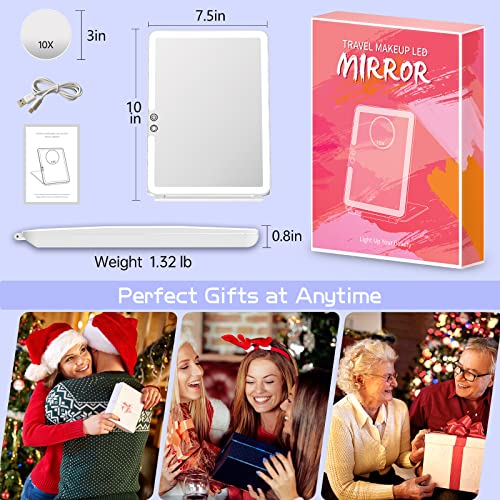 FUNTOUCH Rechargeable Makeup Mirror with Light, Portable Lighted Travel Mirror with 10X Magnifying, 3 Colors Light Modes, Touch Screen Dimming Fo