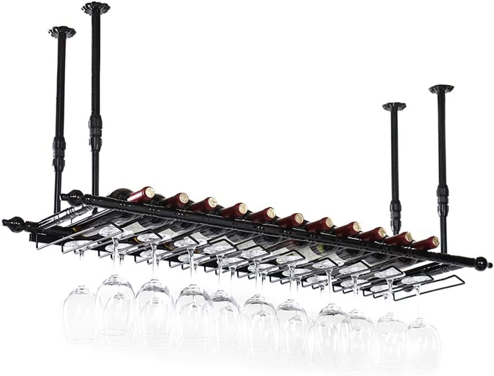 Metal Ceiling Hanging Wine Holder, Adjustable Height Ceiling Wine Bottle Holder, Stemware Racks, Goblet Rack, Kitchens Bar Counter Wine Storage D