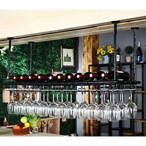 EYLINK Ceiling Wine Rack Hanging, Adjustable Height Stemware Rack Industrial Vintage Bar Counter Wine Glass Rack Metal Wine Bottle Holder - Black