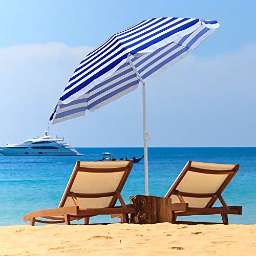 Greenbay 1.8M Blue-White Stripes Beach Parasol Garden Patio Camping Sun Shade UV Protection Umbrella with Tilt Mechanism