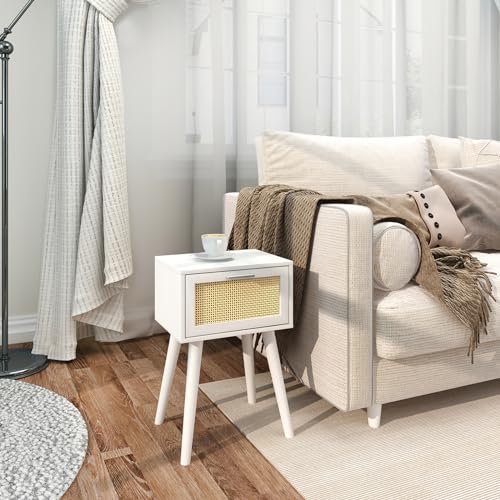 LAATOOREE Nightstand Set of 2, Small End Table with Rattan Door, Bedside Table with Solid Wood Feet, Boho Side Table for Bedroom Living Room Smal