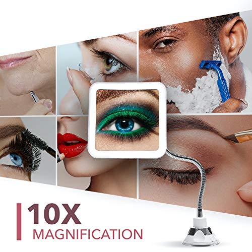 Fancii Flexible Magnifying Mirror 10X with LED Light and Gooseneck, Lighted Travel Makeup Mirror, Lock Suction, Natural Daylight LED, Cordless an