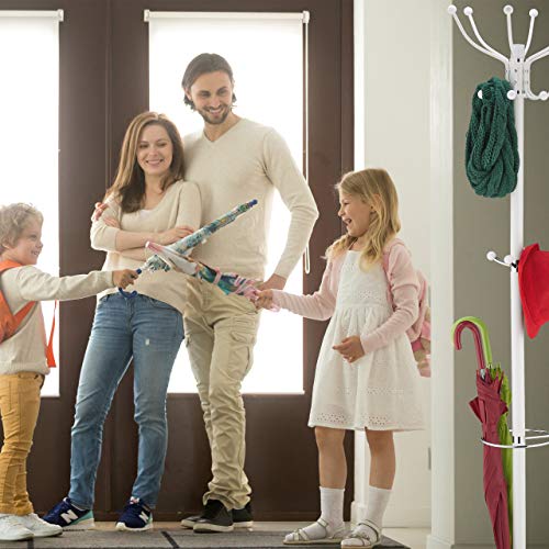 Relaxdays Coat Stand with Umbrella Stand, 16 Hooks, HD 176.5 x 36.5 cm, Marble Base, Standing Coat Rack standing White
