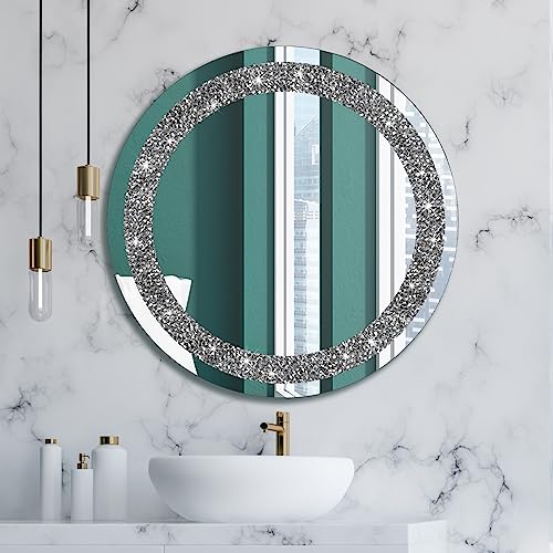 Ruomeng Round Wall Mirror Crystal Crush Diamond Mirror for Home Décor Accent Mirror for Bathroom, Entryway and Bedroom, 24"