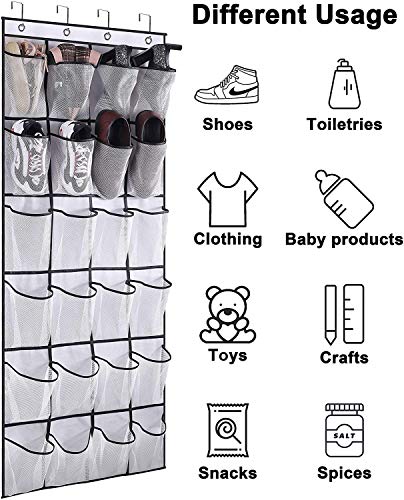 MISSLO Over the Door Shoe Storage Organiser Hanging Shoe Rack Holder 24 Large Mesh Pockets for Wardrobe Door Tidy with Hanger(White)