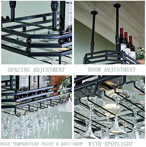 EMISOO Ceiling Wine Glass Rack, Hanging Wine Glass Rack, Ceiling Mount Metal Wine Glass Holder with Display Shelf,Height Adjustable Hanging Wine