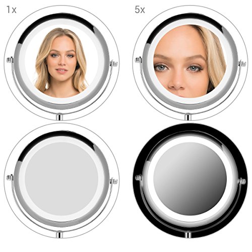 Navaris LED Illuminated Makeup Mirror - Two-Sided Vanity Mirror with Normal and 5x Magnification - 2-in-1 360° Swivel Cosmetics Mirror - Silver