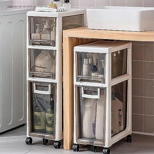 OPSREY Narrow Tall Bathroom Floor Cabinet Large Capacity Slim Toilet Paper Storage Cabinet 4 Drawer Cart with Clear Drawers and Casters Vertical