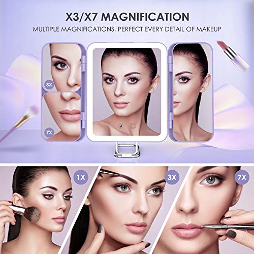 LED Makeup Mirror with Lights 3 Colour Light Rechargeable Portable Travel Mirror with 1X/3X/7X Magnification, Tri-Fold Lighted Vanity Mirror Make