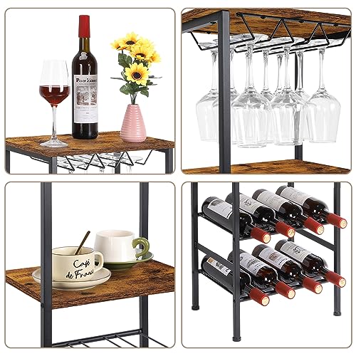 UOMIO 4 Tier Wine Cabinet Wine Racks Free Standing with Table Top and Glass Holders Rustic Style Wine Slim and Tall Wine Bottle Racks and Wire Go