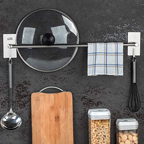 JS Towel Rail Wall Mounted SUS304 Stainless Steel Towel Holder Self Adhesive with 2 Hooks Stick on Towel Rack for Bathroom Shower Kitchen